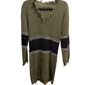 Olive Green Distressed V-Neck Knit Sweater Dress